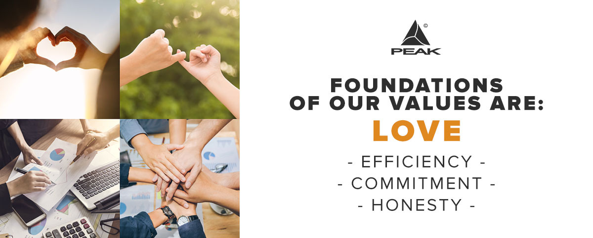 PEAK core values - Love - Efficiency - Commitment - Honesty | peakshop.eu